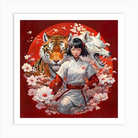 flowers Samurai Girl And Tiger wolf Art Print