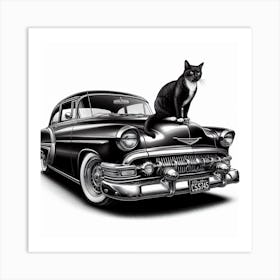 Retro Cat: A Simple and Elegant Black and White Photograph of a Cat on a Classic Car Art Print