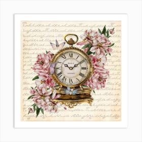 Clock And Flowers Art Print