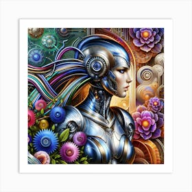 Surreal Cyborg Queen With Flowers. Art Print