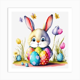 Easter Bunny Holding Colorful Eggs  Art Print