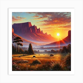 An Oil Painting Of The Morning Sun Rising Over The Drakensberg In South Africa.AI 1 Art Print