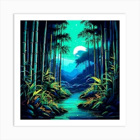 Tranquil Bamboo Forest Neon Line Art Style Vivid Colors Of Jade And Lemon Dark Background (1) Art Print