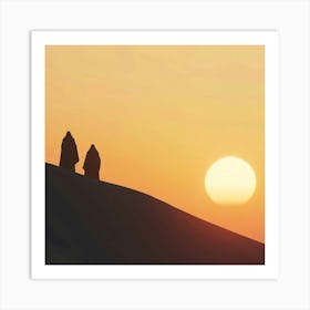 Silhouette Of A Couple Walking In The Desert Art Print