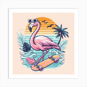 Flamingo On Skateboard Art Print