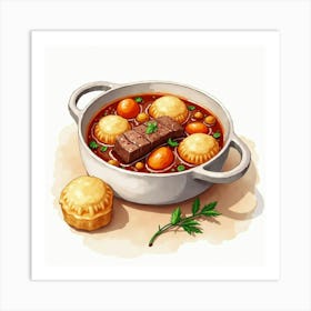 A Bright Watercolor Scene Of A Savory And Hearty Beef Stew With Dumplings And Root Vegetables Art Print