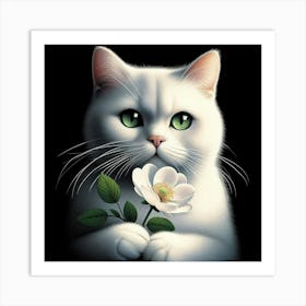 White Cat With Flower Art Print