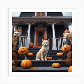 Halloween Cat In Front Of House 22 Art Print