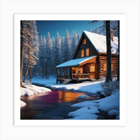 snowy cabin with a creek Art Print