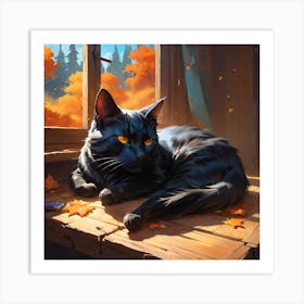 Black Cat In Autumn 1 Art Print