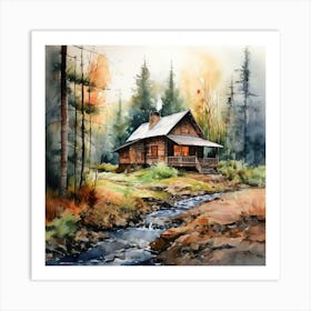 Cabin In The Woods, Create A Watercolor Painting Of A Cozy Rustic Cabin In The Woods 1 Art Print