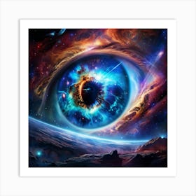 Alien Eye Iridescent Swirls Within Its Pupil Reflecting A Ufo Stars And Nebulae Scattered Across T Art Print