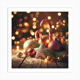Christmas Decorations On A Wooden Table Art Print
