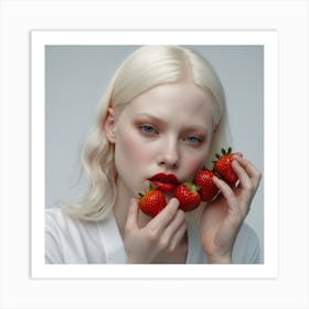 Albino woman eating strawberry, professional shot Art Print