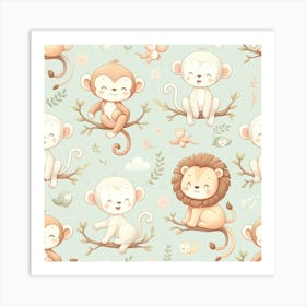 Monkeys And Lion Wall Paper Art Print