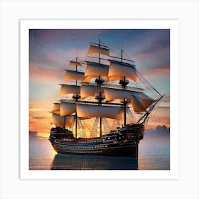 Sailing Ship At Sunset Art Print