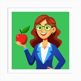 Illustration Of A Woman In A Blue Suit Holding An Apple Art Print