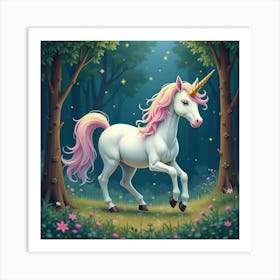 A Whimsical Unicorn With A Tail Of Cascading, Stardust Patterns Galloping Through A Dreamlike Forest Art Print