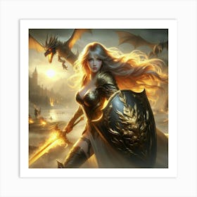 Warrior And A Dragon Art Print