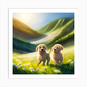 Two Golden Retrievers Running In The Field Art Print