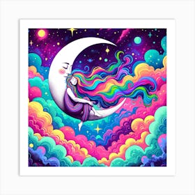 Dreaming Girl On The Moon Art Print