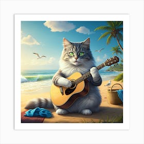 A Fluffy Gray Cat Playing A Guitar On A Sandy Beach With Ocean Waves, Seagulls, And Palm Trees In The Background Art Print