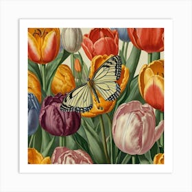 Tulips And Butterflies 1 Art Print