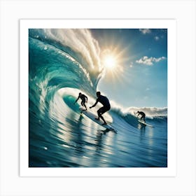 Surfers Riding A Wave Art Print