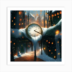 Clock In The Snow Christmas Art Print