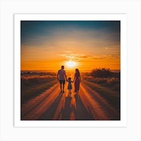 A Family Immersed In A Content Moment Walking Hand In Hand Against A Background Of A Sunset Graduall Art Print