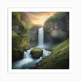 Waterfall At Sunset Art Print