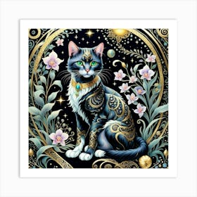 Black Cat With Flowers 1 Art Print