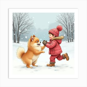 Playful Pomeranian Puppy And Child Playing In The Snow, Watercolor 1 Art Print