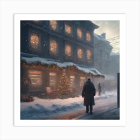 Man Walking Down A Snowy Street Art Print