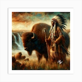 Native American Indian And Buffalo Copy 2 Art Print