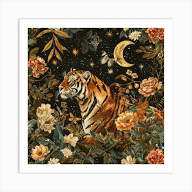 Vintage Boho Dark Academia Tiger in Night Flower Forest Under the Stars and Moon Art Print