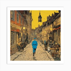 Man Walking Down A Cobblestone Street Art Print