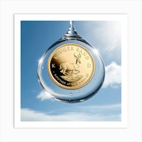 A Highly Detailed And Realistic Image Of A Single Kruger Rand Coin Suspended Within A Large, Transparent Raindrop Hovering In The Air Against A Bright Blue Sky With A Few Wispy White Clouds 4 Art Print