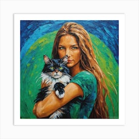 Girl With A Cat Art Print