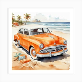 Vintage Car On The Beach Art Print