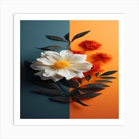 Flowers On A Blue And Orange Background Art Print