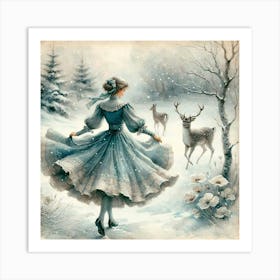 Snow Girl In Blue Dress Art Print