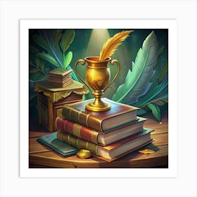 Gold Trophy On A Stack Of Books Art Print