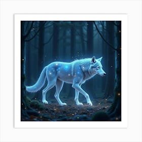 An Ethereal Wolf With A Coat Of Glowing, Nebula Like Patterns Prowling Through A Starlit Forest 1 Art Print