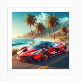 Red Sports Car On The Beach Affiche