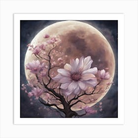 Full Moon With Cherry Blossoms Art Print