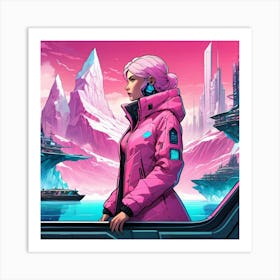 Woman in down jacket riding a boat, polar region, iceberg, cyberpunk Art Print