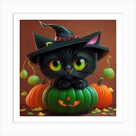 Cute Black Cat In A Witch Hat Art Print