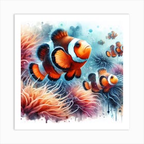 Sea Clownfish In Motion, Sea Clownfish Watercolour Art Print 2 Art Print