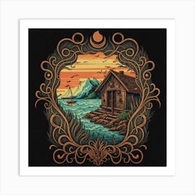 Small wooden hut inside a decorative picture frame Art Print